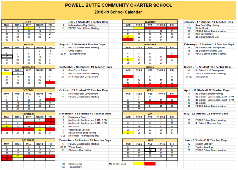 201819 Approved Calendar Powell Butte Community Charter School