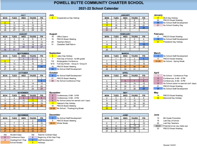 PBCCS 21-22 School Calendar - UPDATED - Powell Butte Community Charter School