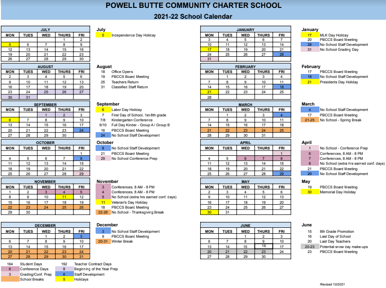 PBCCS 21 22 School Calendar UPDATED Powell Butte Community Charter